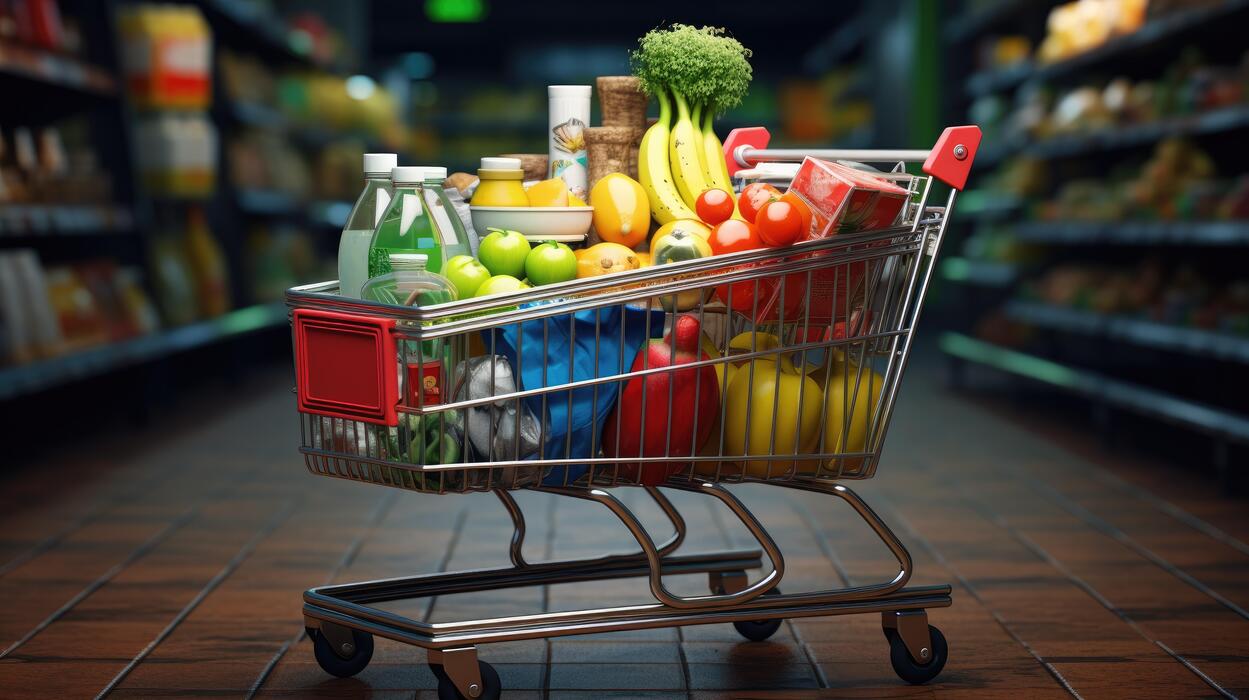 shopping-cart-full-of-food-and-drinks-and-supermarket-shelves-behind-grocery-shopping-concept-free-photo